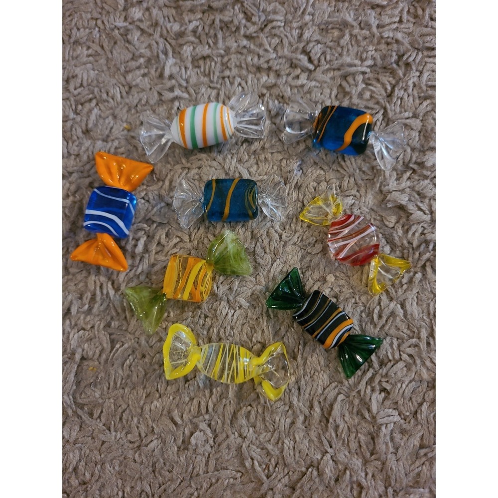 Set Of 8 Murano Style Hand Blown Glass  Candy Swirls Vintage